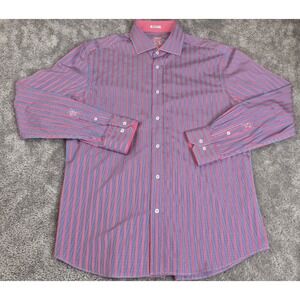 Bugatchi Shirt Mens Xtra Large Pink Striped Shaped‎ Fit Button Up Long Sleeve *